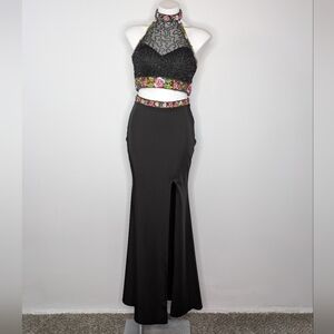 Val Stefani Black Pink Floral Beaded Two Piece Crop Top & Skirt Evening Outfit 6